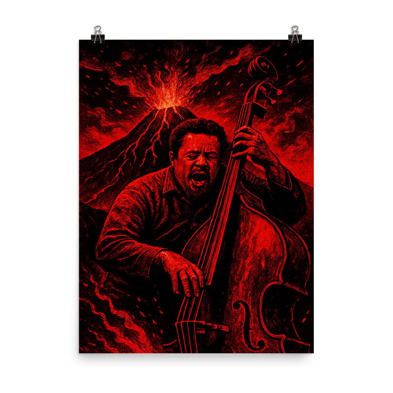 Charles Mingus volcanic bass performance in red black palette poster on a plain backdrop in size 8