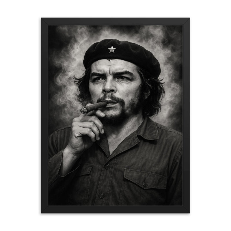 Che Guevara at La Coubre funeral smoke framed print on a plain backdrop in size 18
