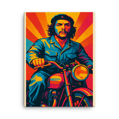 Che Guevara in bold pop art colors riding a classic motorcycle canvas print on a plain backdrop in size 18"x24".