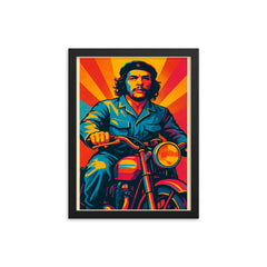 Che Guevara in bold pop art colors riding a classic motorcycle framed print on a plain backdrop in size 12"x16".