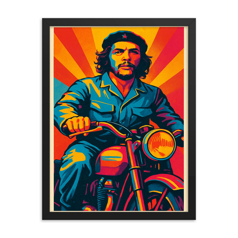 Che Guevara in bold pop art colors riding a classic motorcycle framed print on a plain backdrop in size 18