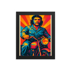 Che Guevara in bold pop art colors riding a classic motorcycle framed print on a plain backdrop in size 8"x10".