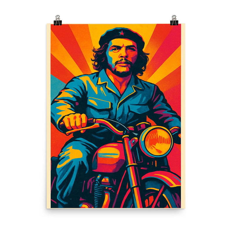 Che Guevara in bold pop art colors riding a classic motorcycle poster on a plain backdrop in size 8