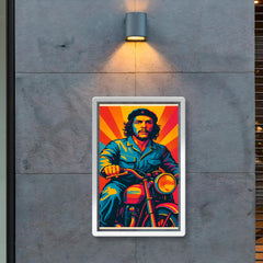 Che Guevara in bold pop art colors riding a classic motorcycle poster 2