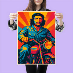 Che Guevara in bold pop art colors riding a classic motorcycle poster 3