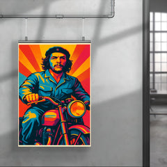 Che Guevara in bold pop art colors riding a classic motorcycle poster 4