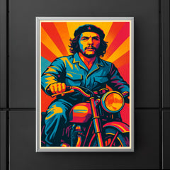 Che Guevara in bold pop art colors riding a classic motorcycle poster 5