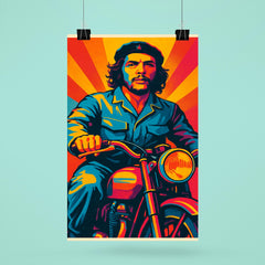Che Guevara in bold pop art colors riding a classic motorcycle poster 6