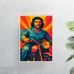 Che Guevara in bold pop art colors riding a classic motorcycle poster 7