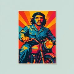 Che Guevara in bold pop art colors riding a classic motorcycle poster 8