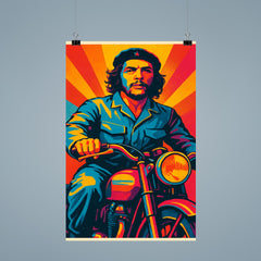 Che Guevara in bold pop art colors riding a classic motorcycle poster 9