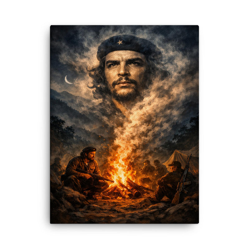 Che Guevara in Sierra Maestra campfire smoke canvas print on a plain backdrop in size 18