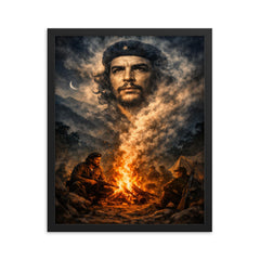 Che Guevara in Sierra Maestra campfire smoke framed print on a plain backdrop in size 16"x20".