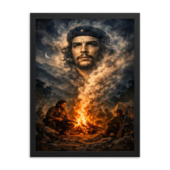 Che Guevara in Sierra Maestra campfire smoke framed print on a plain backdrop in size 18"x24".
