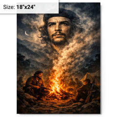 Che Guevara in Sierra Maestra campfire smoke metal print on a plain backdrop in size 18"x24".