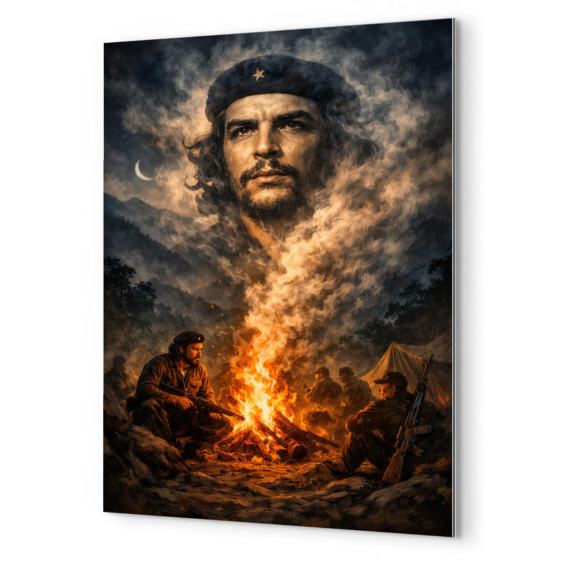 Che Guevara in Sierra Maestra campfire smoke metal print mockup