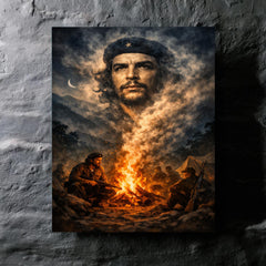 Che Guevara in Sierra Maestra campfire smoke metal print mockup