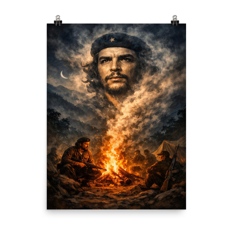 Che Guevara in Sierra Maestra campfire smoke poster on a plain backdrop in size 8