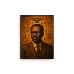 Cheikh Anta Diop beside ancient African symbols canvas print on a plain backdrop in size 12"x16".