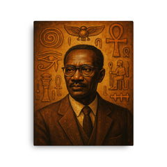 Cheikh Anta Diop beside ancient African symbols canvas print on a plain backdrop in size 16"x20".