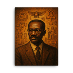 Cheikh Anta Diop beside ancient African symbols canvas print on a plain backdrop in size 18"x24".