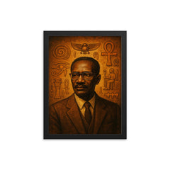 Cheikh Anta Diop beside ancient African symbols framed print on a plain backdrop in size 12"x16".
