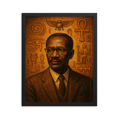 Cheikh Anta Diop beside ancient African symbols framed print on a plain backdrop in size 16"x20".
