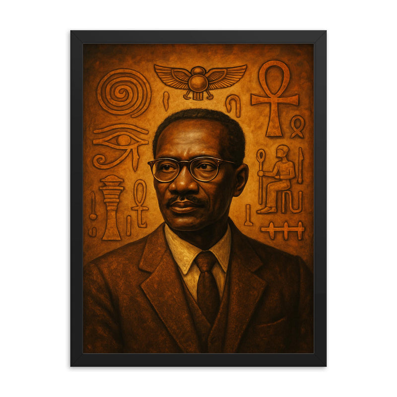 Cheikh Anta Diop beside ancient African symbols framed print on a plain backdrop in size 18