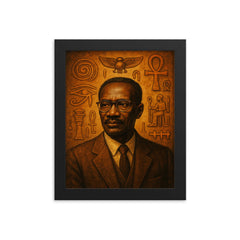 Cheikh Anta Diop beside ancient African symbols framed print on a plain backdrop in size 8"x10".