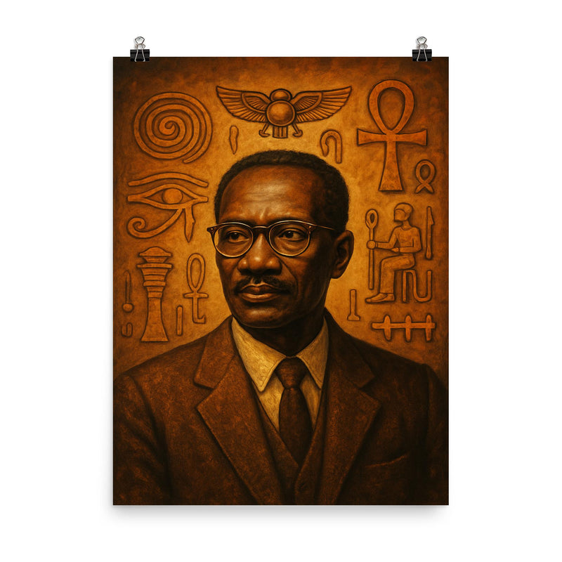 Cheikh Anta Diop beside ancient African symbols poster on a plain backdrop in size 8