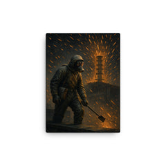 Chernobyl liquidator on rooftop under graphite sparks canvas print on a plain backdrop in size 12"x16".