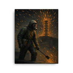 Chernobyl liquidator on rooftop under graphite sparks canvas print on a plain backdrop in size 16"x20".