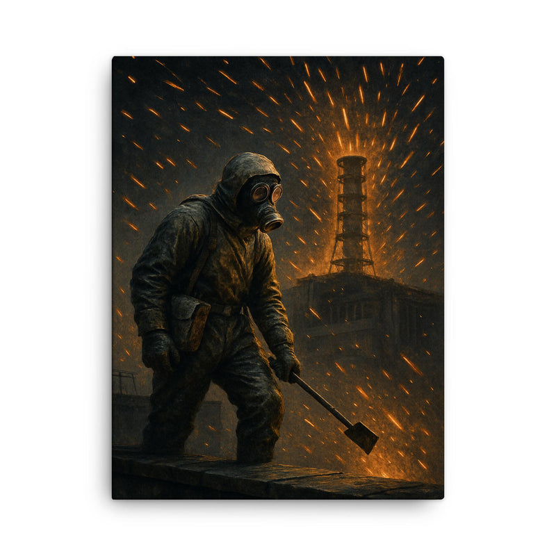 Chernobyl liquidator on rooftop under graphite sparks canvas print on a plain backdrop in size 18