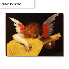 Cherub Playing a Lute by Fiorentino metal print on a plain backdrop in size 12"x16".