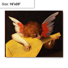 Cherub Playing a Lute by Fiorentino metal print on a plain backdrop in size 16"x20".