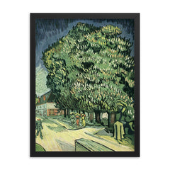 Chestnut Trees in Blossom by Vincent van Gogh, 1890 framed print on a plain backdrop in size 18"x24".
