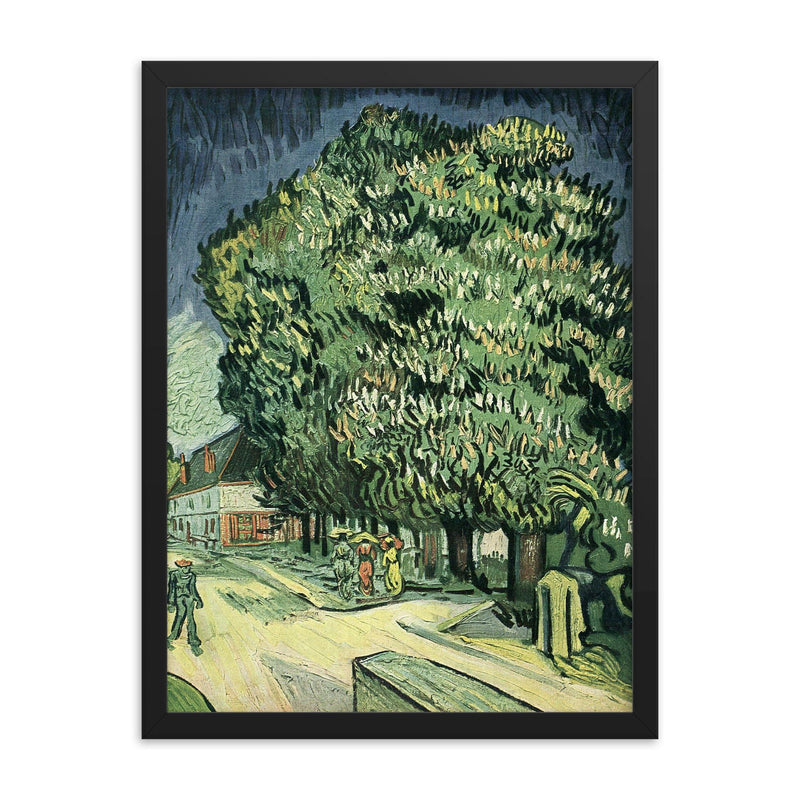 Chestnut Trees in Blossom by Vincent van Gogh, 1890 framed print on a plain backdrop in size 18