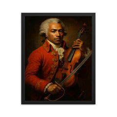 Chevalier de Saint Georges violin and saber portrait framed print on a plain backdrop in size 16"x20".