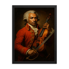 Chevalier de Saint Georges violin and saber portrait framed print on a plain backdrop in size 18"x24".