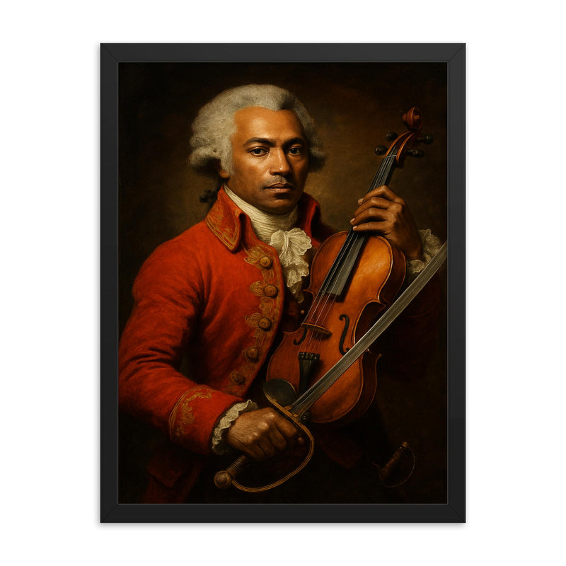 Chevalier de Saint Georges violin and saber portrait framed print on a plain backdrop in size 18