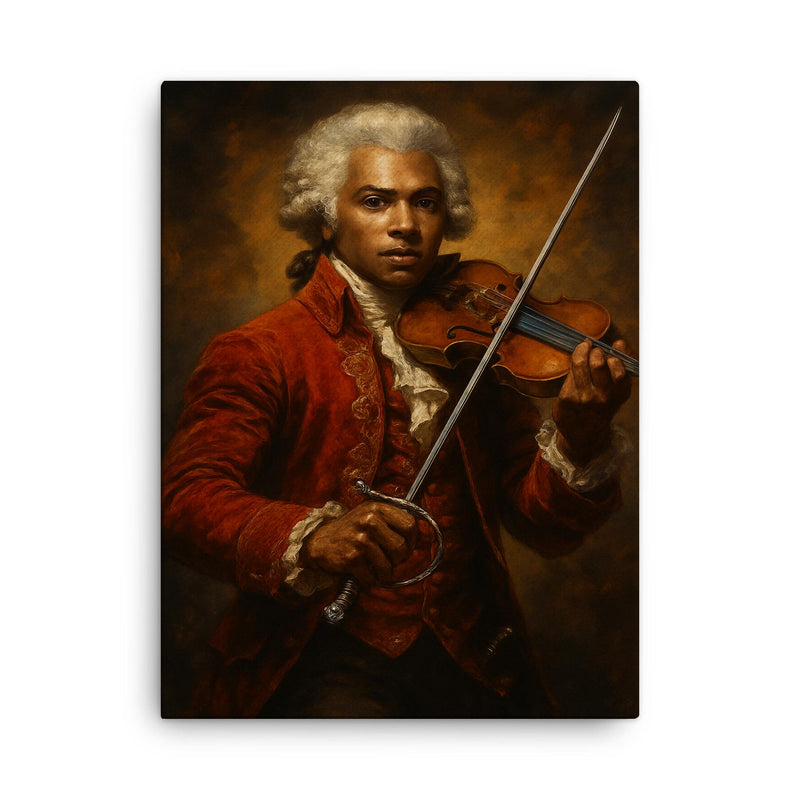 Chevalier de Saint Georges with violin and rapier canvas print on a plain backdrop in size 18
