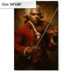Chevalier de Saint Georges with violin and rapier metal print on a plain backdrop in size 24"x36".