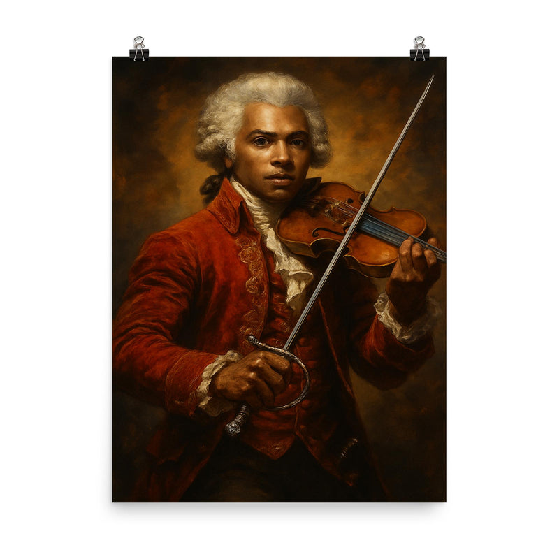 Chevalier de Saint Georges with violin and rapier poster on a plain backdrop in size 8