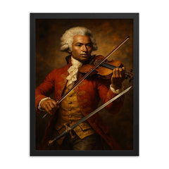 Chevalier de Saint Georges with violin and sword framed print on a plain backdrop in size 18"x24".