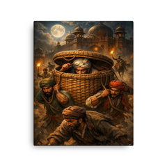 Chhatrapati Shivaji escaping Agra in baskets canvas print on a plain backdrop in size 16"x20".