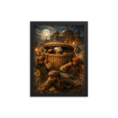 Chhatrapati Shivaji escaping Agra in baskets framed print on a plain backdrop in size 12"x16".