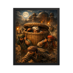 Chhatrapati Shivaji escaping Agra in baskets framed print on a plain backdrop in size 16"x20".