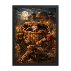 Chhatrapati Shivaji escaping Agra in baskets framed print on a plain backdrop in size 18"x24".