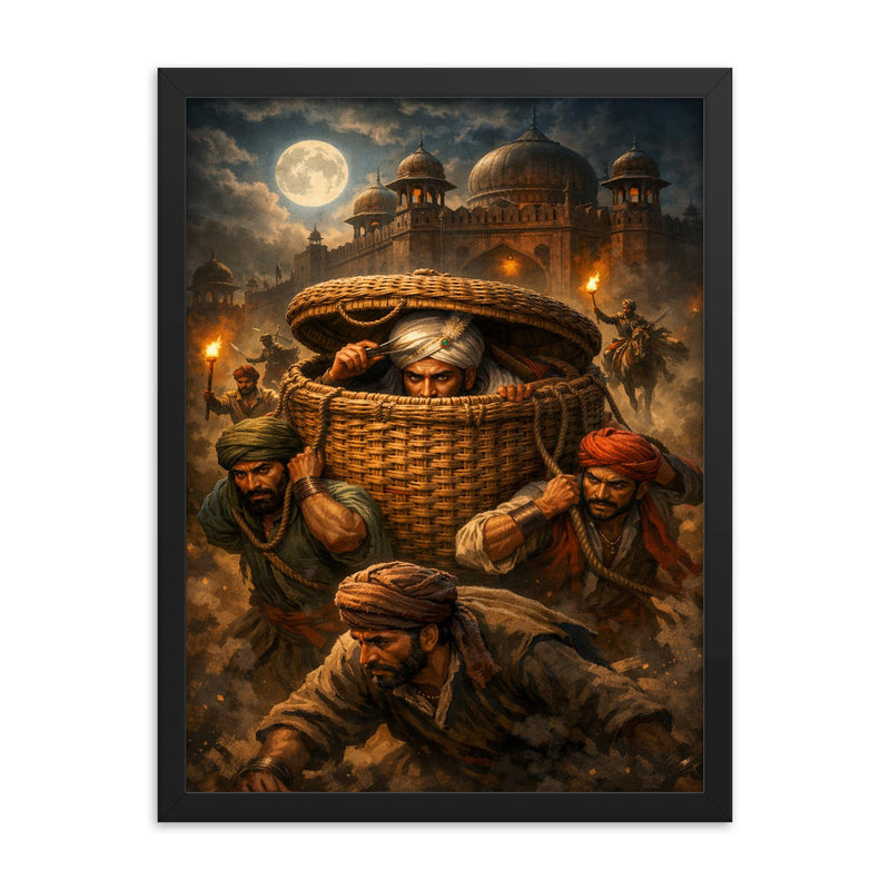Chhatrapati Shivaji escaping Agra in baskets framed print on a plain backdrop in size 18
