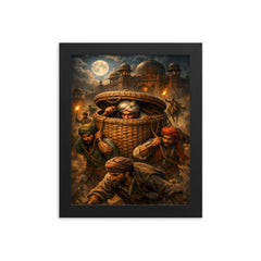 Chhatrapati Shivaji escaping Agra in baskets framed print on a plain backdrop in size 8"x10".